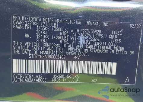 2008 Toyota Sequoia Limited 5.7L V8 from USA, damaged, VIN 5TDZY68A18S005409